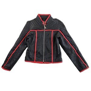 Women's Petite Genuine Leather Biker Jacket Size XL Petite Black Red Full Zip